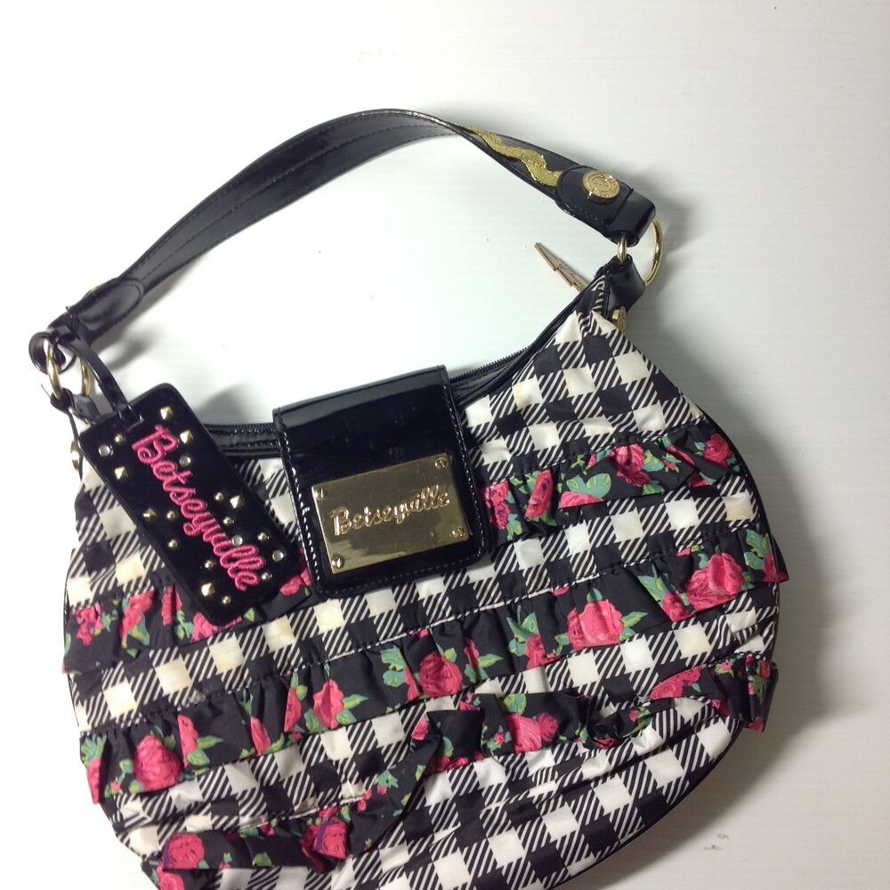 Betseyville Black & White Plaid with Tiered Rose Ruffles Bag